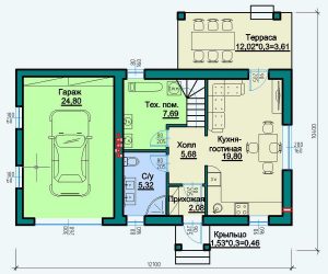 План первого этажа красивого дома с мансардой и гаражом
